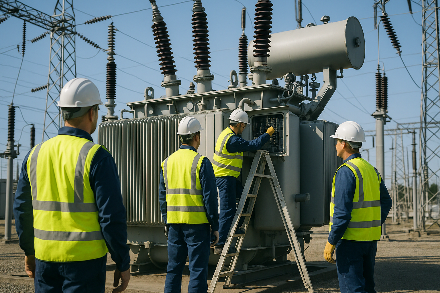 crew working on substation transformer